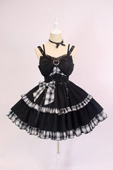 BXOXO - Black/White Plaid Print Color Contrast Leather Buckle Bowknot Ruffle Gothic Lolita JSK Dress