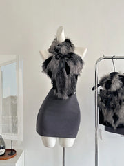 BXOXO Korea Elegant Sexy High End 2PC Set Women Plush Neck Halter Backless Short Vest+Mini Bag Hip Skirts Female Slim Nightclub Suit