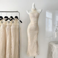 BXOXO - summer inspo 2025 Summer New Chinese Style Qipao Women Sexy Elegant Halter Sleeveless Dress Fashion Slim Fit Hip Wrap Dress