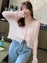 BXOXO Chic Long Sleeve Crop Cardigan - Soft Solid Color, Button Front, Thin, Lettuce Trim, Stylish for Spring & Summer - Women's Fashion Clothing for Everyday Wear