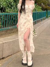 BXOXO Elegant Off-Shoulder Floral Midi Dress for Women - Chic Ruffle Detail & High-Low Hem, Lightweight Polyester, Perfect for Spring/Summer, Casual Wear|Asymmetrical Hemline|Glossy Texture