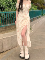 BXOXO Elegant Off-Shoulder Floral Midi Dress for Women - Chic Ruffle Detail & High-Low Hem, Lightweight Polyester, Perfect for Spring/Summer, Casual Wear|Asymmetrical Hemline|Glossy Texture