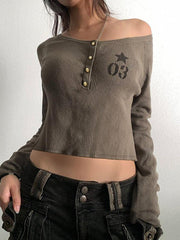 BXOXO - Vintage Number Print Asymmetrical Button Crop Top