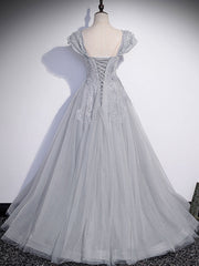 BXOXO Gray Sweetheart Neck Tulle Lace Long Prom Dress, Gray Evening Dress