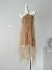 BXOXO - summer inspo 2025 Summer New Mesh Suspender Dresses Y2k Irregular Slim Waist Dress for Women Fashion Simple Dress Vestidos