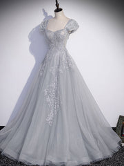 BXOXO Gray Sweetheart Neck Tulle Lace Long Prom Dress, Gray Evening Dress