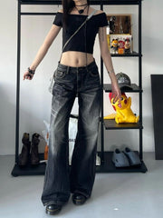 BXOXO Grunge Y2k Black Jeans Women Baggy Vintage High Street Oversized Denim Trousers Gothic Gyaru 2000s Acubi Fashion Jeans