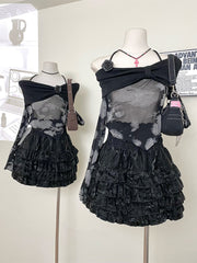 BXOXO - summer inspo Spring Two Piece Set Women Slash Neck Strap T-shirt Cute Skirt Suit Female Korean Slim Tops+Princess Cake Skirt 2025