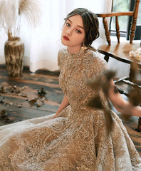 BXOXO Champagne High Neck Lace Prom Dress, Champagne Lace Formal Dress