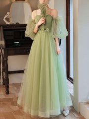 BXOXO Simple A line Green Long Prom Dress, Green Tulle Bridesmaid Dress