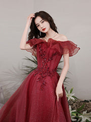 BXOXO Burgundy Tulle Off Shoulder Long Prom Dress, Burgundy Evening Dress