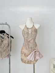 BXOXO Summer French Sexy Seductive Hot Girl 2 Piece Set Women Lace Slim Halter Top+Sequins Mini Bag Hip Skirts Nightclub Fashion Suit