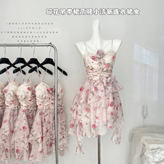 BXOXO - summer inspo Spicy Girl Sweet Lace-up Suspender Dress Floral Print Flounce Slim Sleeveless Dresses Summer New Party Beach Style Dress