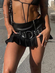 BXOXO - summer inspo Punk Gothic Zipper Split Black PU Leather Pleated Skirt With Rivet Belt Women Sexy Baddie Outfits