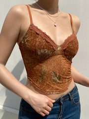 BXOXO - summer inspo Floral Print Vintage Aesthetic Mesh Camisole Women Brown Cute Y2K Crop Top