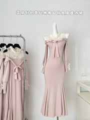 BXOXO - summer inspo 2025 New Gentle Style Off Shoulder Knitted Dress Elegant Lace Patchwork Fishtail Dress Sweet Temperament Long Dress