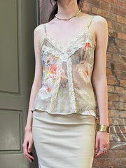 BXOXO - Vintage Floral Print Lace Patchwork V-Neck Cami Top