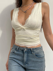 BXOXO - summer inspo Solid Sleeveless Two Layer Lace V Neck Slim Y2K Crop Top Women Cute Basic Summer Vest