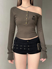 BXOXO - Vintage Number Print Asymmetrical Button Crop Top