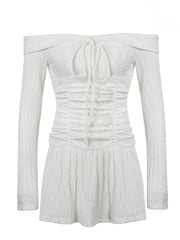 BXOXO - summer inspo Korean Fashion Slash Neck Elegant Long Sleeve A Line White Dress Women Shirring Slim Waist Simple Sweet Japanese Clothing