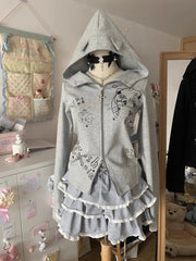 BXOXO Kawaii Hoodie Winte Clothes Vintage 2000s Hoodies Zip Up Hoody Cute Korea Slim Streetwear Sweet Girl Sweatshirts Cat Y2k Tops