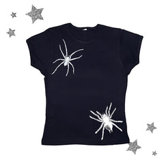 Bxoxo Punk Y2K Gothic Women's Crop Tops Chic Aesthetic Hip Hop Grunge Spider Pattern Print Emo Girls Summer Harajuku Casual Slim Tops