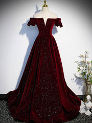 BXOXO Burgundy Velvet Long Prom Dress, Burgundy Long Formal Dress