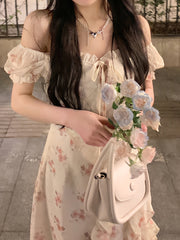 BXOXO Elegant Off-Shoulder Floral Midi Dress for Women - Chic Ruffle Detail & High-Low Hem, Lightweight Polyester, Perfect for Spring/Summer, Casual Wear|Asymmetrical Hemline|Glossy Texture