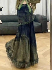 Vintage Denim Splice Smocked Mermaid Maxi Skirt