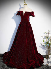 BXOXO Burgundy Velvet Long Prom Dress, Burgundy Long Formal Dress