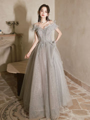 BXOXO A-Line Off Shoulder Tulle Sequin Gray Long Prom Dress, Gray Formal Dress