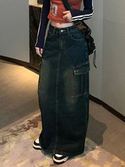 Wash Distressed Big Pocket High Rise Maxi Skirt