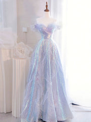 BXOXO DRESS TO IMPRESS Purple Off Shoulder Tulle Sequin Long Prom Dress, Purple Formal Dress