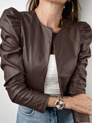 BXOXO Long Sleeves Loose Pleated Solid Color Split-Joint Collarless Jackets Outerwear