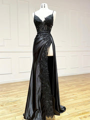 BXOXO Black V Neck Satin Lace Long Prom Dress, Black Lace Long Evening Dress