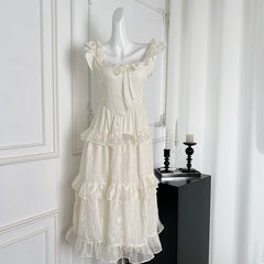 BXOXO - summer inspo French Sweet Suspender Dress Women Summer New Gentle Style High Waist Slim Wooden Ear Edge Dresses