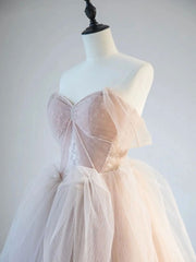 BXOXO A-Line Off Shoulder Tulle Lace Champagne Pink Long Prom Dress, Lace Long Formal Dress
