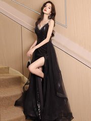 BXOXO A-Line V Neck Sequin Tulle Black Prom Dress, Black Long Evening Dress