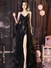 BXOXO A-Line V Neck Sequin Tulle Black Prom Dress, Black Long Evening Dress