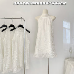 BXOXO - summer inspo Halter Off Shoulder Sequin Patchwork Dress Women Sleeveless Backless Loose Short Dresses 2025 Fashion Party