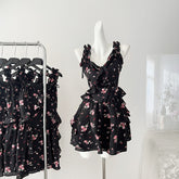 BXOXO - summer inspo Floral Flower Print Black Slip Mini Dress Women 2025 Summer Vintage Elegant Beach Casual Party Short Dresses