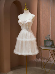 BXOXO Cute Tulle Light Champagne Short Prom Dress, Lace Homecoming Dress