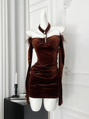 BXOXO Korea Elegant Sexy High End Evening Dress Women Plush Neck Halter Backless Bag Hip Mini Dress Female Slim Nightclub Clothing New