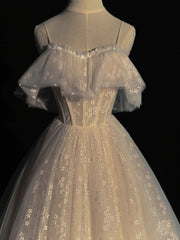 BXOXO Gray blue/champagne Tulle Long Prom Dress, Tulle Formal Graduation Dresses