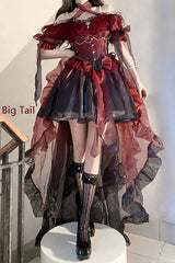 BXOXO - Wine Red Midsummer Dream Short Sleeves Ruffle Hanayome Off-The-Shoulder Gothic Short Lolita Dress