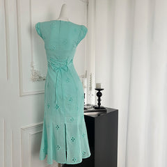 BXOXO - summer inspo 2025 New French Style Vintage Dress Women Summer Embroidery Short Sleeve Square Collar Hollow Out Dresses Sweet Fishtail Dress