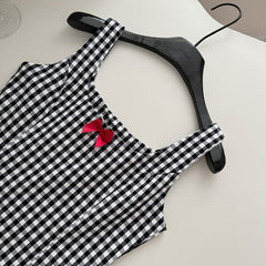 BXOXO - summer inspo 2025 Summer Women's Black and White Plaid Suspended Dress Bow Short Dress Elegant Casual Sleeveless Dresses