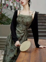 BXOXO Long Sleeve Chic Floral Print Cami Dress Set with Open Front Crop Cardigan & Square Neck Sleeveless A-line Drawstring Ruched Outfits for Women