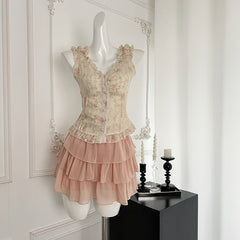 BXOXO - summer inspo Fairycore Buttom Up Sexy Halter Neck Crop Tops +Mini Skirt Suit Hotsweet Fashion 2 Piece Set Streetwear