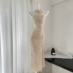 BXOXO - summer inspo 2025 Summer New Chinese Style Qipao Women Sexy Elegant Halter Sleeveless Dress Fashion Slim Fit Hip Wrap Dress